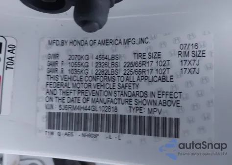 2016 Honda Cr-V Se z USA, uszkodzony, nr VIN 5J6RM4H44GL102818